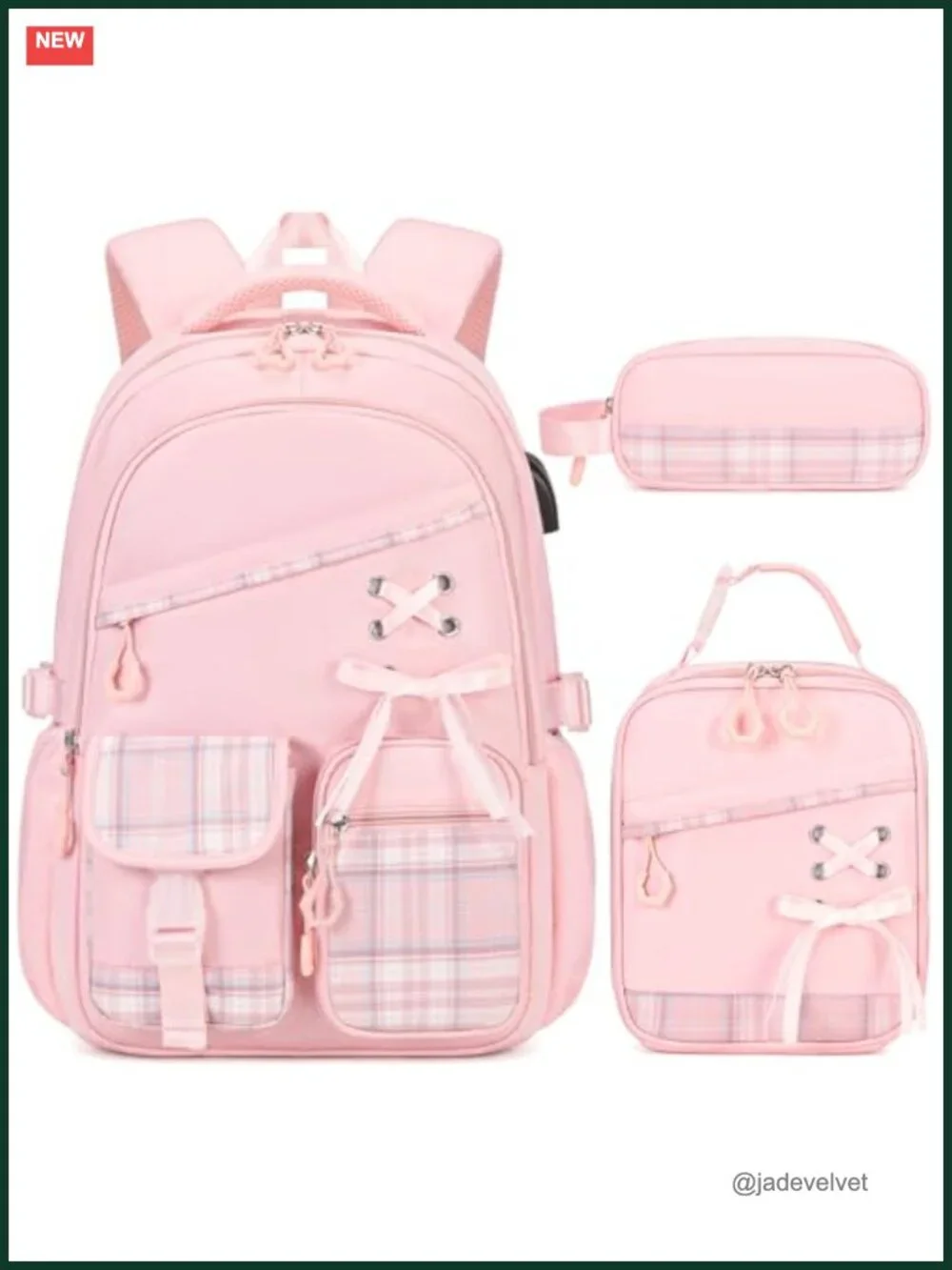 3-Piece Girls Backpack Set with Lunch Bag & Pencil Pouch Plaid School Backpack